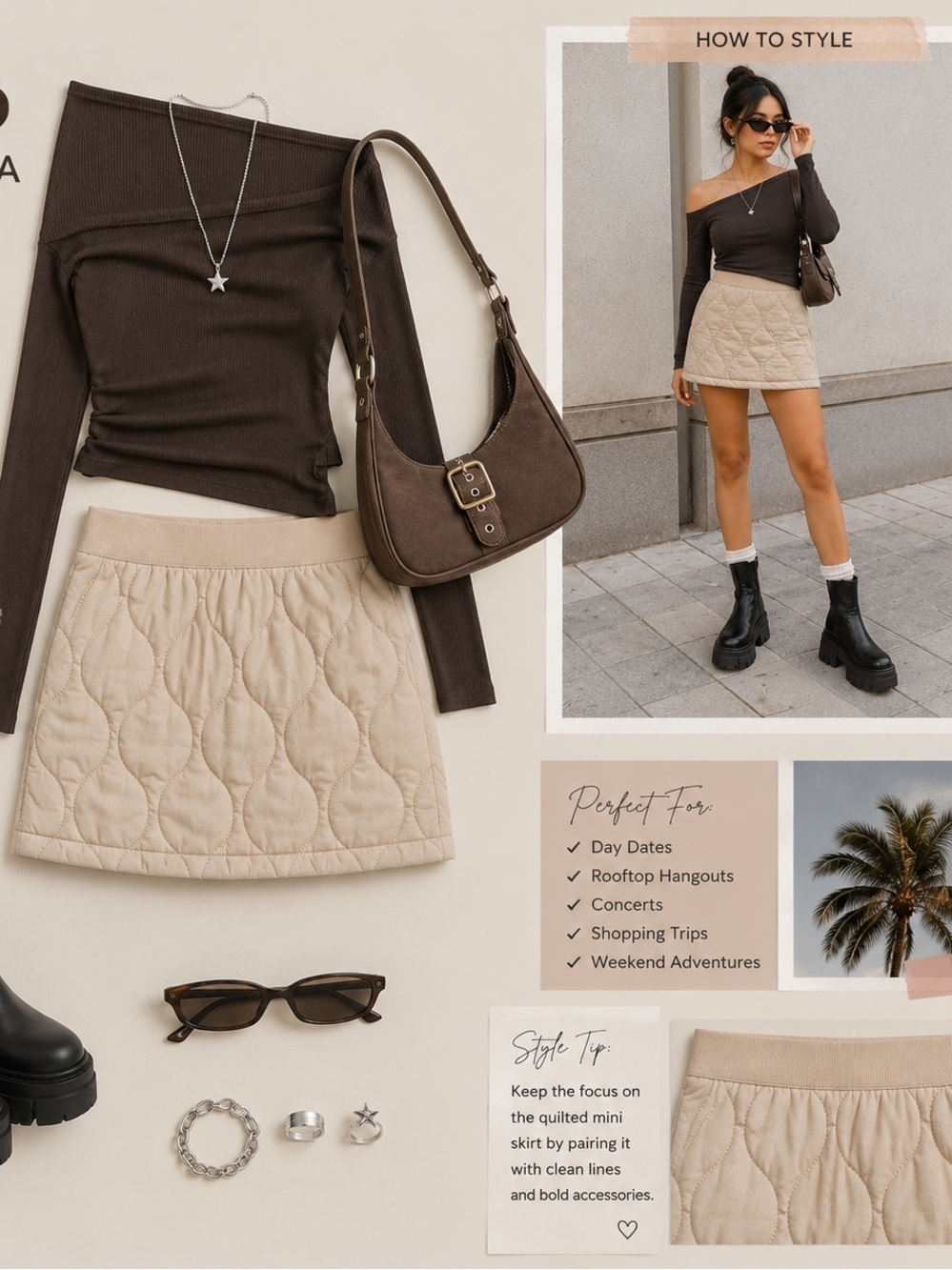 Obey Quilted Mini Skirt in Beige